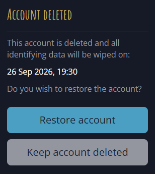 Account Deleted screen with restore option.